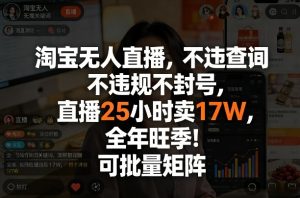 淘宝无人直播，不违规不封号，直播25小时卖17W，全年旺季！可批量矩阵【揭秘】-零一资源网